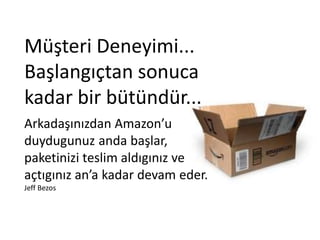 Müşteri Deneyimi...
Başlangıçtan sonuca
kadar bir bütündür...
Arkadaşınızdan Amazon’u
duydugunuz anda başlar,
paketinizi teslim aldıgınız ve
açtıgınız an’a kadar devam eder.
Jeff Bezos
 