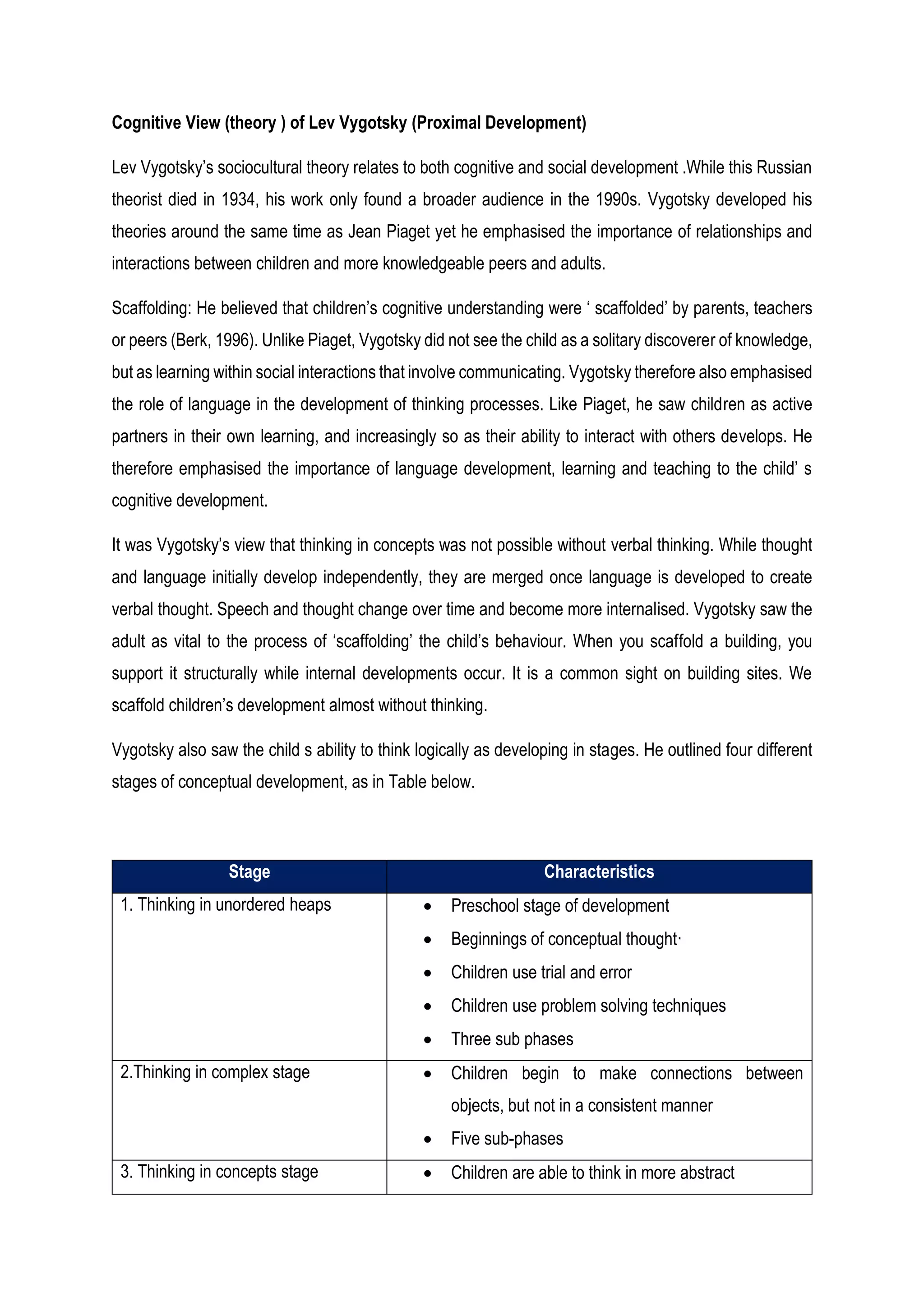 Cognitive View (theory ) of Lev Vygotsky (Proximal Development)
Lev Vygotsky’s sociocultural theory relates to both cognitive and social development .While this Russian
theorist died in 1934, his work only found a broader audience in the 1990s. Vygotsky developed his
theories around the same time as Jean Piaget yet he emphasised the importance of relationships and
interactions between children and more knowledgeable peers and adults.
Scaffolding: He believed that children’s cognitive understanding were ‘ scaffolded’ by parents, teachers
or peers (Berk, 1996). Unlike Piaget, Vygotsky did not see the child as a solitary discoverer of knowledge,
but as learning within social interactions that involve communicating. Vygotsky therefore also emphasised
the role of language in the development of thinking processes. Like Piaget, he saw children as active
partners in their own learning, and increasingly so as their ability to interact with others develops. He
therefore emphasised the importance of language development, learning and teaching to the child’ s
cognitive development.
It was Vygotsky’s view that thinking in concepts was not possible without verbal thinking. While thought
and language initially develop independently, they are merged once language is developed to create
verbal thought. Speech and thought change over time and become more internalised. Vygotsky saw the
adult as vital to the process of ‘scaffolding’ the child’s behaviour. When you scaffold a building, you
support it structurally while internal developments occur. It is a common sight on building sites. We
scaffold children’s development almost without thinking.
Vygotsky also saw the child s ability to think logically as developing in stages. He outlined four different
stages of conceptual development, as in Table below.
Stage Characteristics
1. Thinking in unordered heaps  Preschool stage of development
 Beginnings of conceptual thought·
 Children use trial and error
 Children use problem solving techniques
 Three sub phases
2.Thinking in complex stage  Children begin to make connections between
objects, but not in a consistent manner
 Five sub-phases
3. Thinking in concepts stage  Children are able to think in more abstract
 