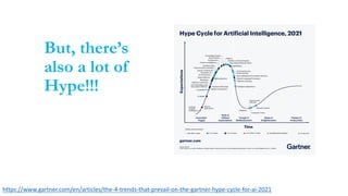 But, there’s
also a lot of
Hype!!!
https://www.gartner.com/en/articles/the-4-trends-that-prevail-on-the-gartner-hype-cycle-for-ai-2021
 