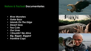 • River Monsters
• Gator Boys
• Islands On The Edge
• Desert Seas
• Too Cute
• Our Lives
• I Shouldn’t Be Alive
• Big, Bigger, Biggest
• Frontline Cops
Nature & Factual Documentaries