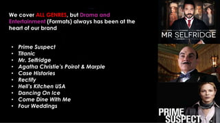 • Prime Suspect
• Titanic
• Mr. Selfridge
• Agatha Christie’s Poirot & Marple
• Case Histories
• Rectify
• Hell’s Kitchen USA
• Dancing On Ice
• Come Dine With Me
• Four Weddings
We cover ALL GENRES, but Drama and
Entertainment (Formats) always has been at the
heart of our brand