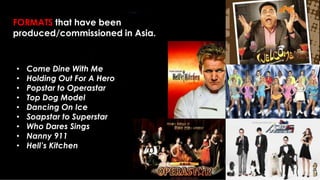 • Come Dine With Me
• Holding Out For A Hero
• Popstar to Operastar
• Top Dog Model
• Dancing On Ice
• Soapstar to Superstar
• Who Dares Sings
• Nanny 911
• Hell’s Kitchen
FORMATS that have been
produced/commissioned in Asia.