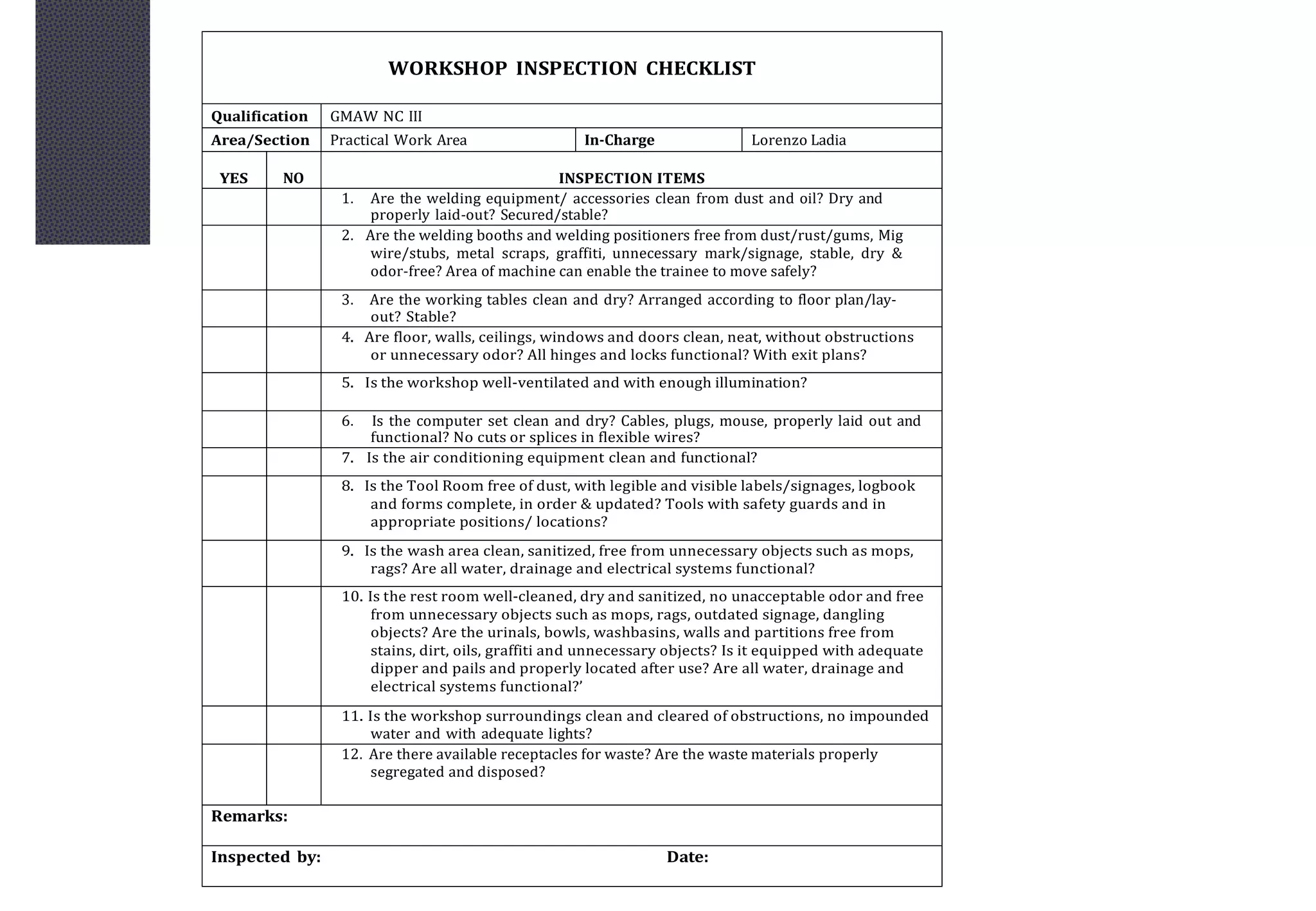 WORKSHOP INSPECTION CHECKLIST
Qualification GMAW NC III
Area/Section Practical Work Area In-Charge Lorenzo Ladia
YES NO INSPECTION ITEMS
1. Are the welding equipment/ accessories clean from dust and oil? Dry and
properly laid-out? Secured/stable?
2. Are the welding booths and welding positioners free from dust/rust/gums, Mig
wire/stubs, metal scraps, graffiti, unnecessary mark/signage, stable, dry &
odor-free? Area of machine can enable the trainee to move safely?
3. Are the working tables clean and dry? Arranged according to floor plan/lay-
out? Stable?
4. Are floor, walls, ceilings, windows and doors clean, neat, without obstructions
or unnecessary odor? All hinges and locks functional? With exit plans?
5. Is the workshop well-ventilated and with enough illumination?
6. Is the computer set clean and dry? Cables, plugs, mouse, properly laid out and
functional? No cuts or splices in flexible wires?
7. Is the air conditioning equipment clean and functional?
8. Is the Tool Room free of dust, with legible and visible labels/signages, logbook
and forms complete, in order & updated? Tools with safety guards and in
appropriate positions/ locations?
9. Is the wash area clean, sanitized, free from unnecessary objects such as mops,
rags? Are all water, drainage and electrical systems functional?
10. Is the rest room well-cleaned, dry and sanitized, no unacceptable odor and free
from unnecessary objects such as mops, rags, outdated signage, dangling
objects? Are the urinals, bowls, washbasins, walls and partitions free from
stains, dirt, oils, graffiti and unnecessary objects? Is it equipped with adequate
dipper and pails and properly located after use? Are all water, drainage and
electrical systems functional?’
11. Is the workshop surroundings clean and cleared of obstructions, no impounded
water and with adequate lights?
12. Are there available receptacles for waste? Are the waste materials properly
segregated and disposed?
Remarks:
Inspected by: Date:
 