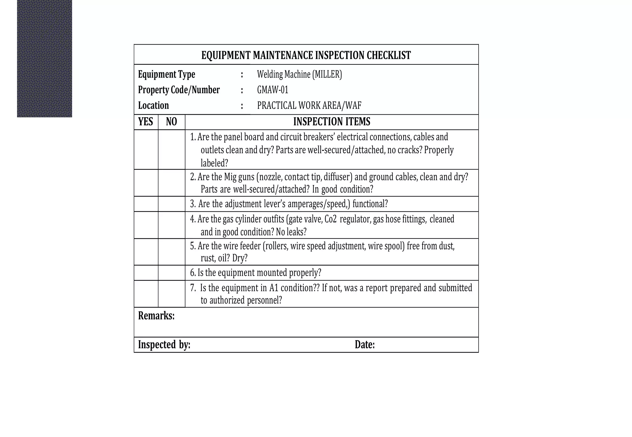 EQUIPMENT MAINTENANCE INSPECTION CHECKLIST
Equipment Type
PropertyCode/Number
Location
:
:
:
WeldingMachine(MILLER)
GMAW-01
PRACTICAL WORK AREA/WAF
YES NO INSPECTION ITEMS
1.Are the panelboard and circuit breakers’ electrical connections,cablesand
outletsclean anddry?Partsare well-secured/attached,no cracks?Properly
labeled?
2. Are the Mig guns (nozzle, contact tip,diffuser) and ground cables, clean and dry?
Parts are well-secured/attached? In good condition?
3. Are the adjustment lever’s amperages/speed,) functional?
4. Are thegas cylinder outfits (gate valve, Co2 regulator, gashosefittings, cleaned
and in good condition? No leaks?
5. Are the wire feeder (rollers, wire speed adjustment, wire spool) free from dust,
rust, oil? Dry?
6. Is the equipment mounted properly?
7. Is the equipment in A1 condition?? If not, was a report prepared and submitted
to authorized personnel?
Remarks:
Inspected by: Date:
 