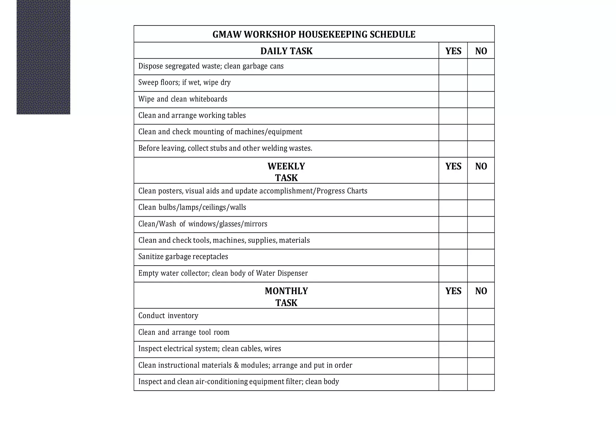 GMAW WORKSHOP HOUSEKEEPING SCHEDULE
DAILY TASK YES NO
Dispose segregated waste; clean garbage cans
Sweep floors; if wet, wipe dry
Wipe and clean whiteboards
Clean and arrange working tables
Clean and check mounting of machines/equipment
Before leaving, collect stubs and other welding wastes.
WEEKLY
TASK
YES NO
Clean posters, visual aids and update accomplishment/Progress Charts
Clean bulbs/lamps/ceilings/walls
Clean/Wash of windows/glasses/mirrors
Clean and check tools, machines, supplies, materials
Sanitize garbage receptacles
Empty water collector; clean body of Water Dispenser
MONTHLY
TASK
YES NO
Conduct inventory
Clean and arrange tool room
Inspect electrical system; clean cables, wires
Clean instructional materials & modules; arrange and put in order
Inspect and clean air-conditioning equipment filter; clean body
 