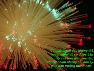 Có những nỗi đau không thể
  nguôi ngoai dù có được bàn
     tay của thời gian xoa dịu,
nhưng chính những nỗi đau ấy
  giúp bạn trưởng thành hơn.
 