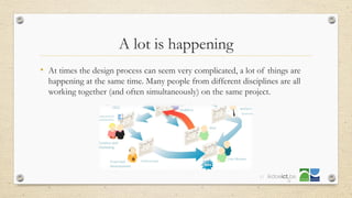 A lot is happening
• At times the design process can seem very complicated, a lot of things are
happening at the same time. Many people from different disciplines are all
working together (and often simultaneously) on the same project.
35
 