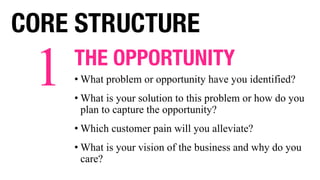 THE OPPORTUNITY
• What problem or opportunity have you identified?
• What is your solution to this problem or how do you
plan to capture the opportunity?
• Which customer pain will you alleviate?
• What is your vision of the business and why do you
care?
CORE STRUCTURE
1
 