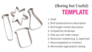 (Boring but Useful)
TEMPLATE
1.	Hook
2.	Brief	product/service	description
3.	Brief	target	market	description
4.	Competitive	landscape
5.	How	you	will	make	money
6.	Resources	needed	(e.g.	$,	expertise)
7.	Returns/payback	to	investors
8.	Memorable	tagline/pitch	closing
 