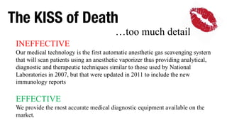 The KISS of Death
INEFFECTIVE
Our medical technology is the first automatic anesthetic gas scavenging system
that will scan patients using an anesthetic vaporizer thus providing analytical,
diagnostic and therapeutic techniques similar to those used by National
Laboratories in 2007, but that were updated in 2011 to include the new
immunology reports
EFFECTIVE
We provide the most accurate medical diagnostic equipment available on the
market.
…too much detail
 