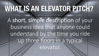 WHAT IS AN ELEVATOR PITCH?
A	short,	simple	description of	your	
business	idea	that	anyone	could	
understand	by	the	time	yo...