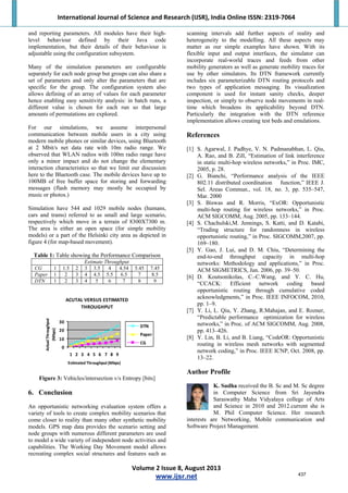 International Journal of Science and Research (IJSR), India Online ISSN: 2319‐7064 
Volume 2 Issue 8, August 2013 
www.ijsr.net 
and reporting parameters. All modules have their high-
level behaviour defined by their Java code
implementation, but their details of their behaviour is
adjustable using the configuration subsystem.
Many of the simulation parameters are configurable
separately for each node group but groups can also share a
set of parameters and only alter the parameters that are
specific for the group. The configuration system also
allows defining of an array of values for each parameter
hence enabling easy sensitivity analysis: in batch runs, a
different value is chosen for each run so that large
amounts of permutations are explored.
For our simulations, we assume interpersonal
communication between mobile users in a city using
modern mobile phones or similar devices, using Bluetooth
at 2 Mbit/s net data rate with 10m radio range. We
observed that WLAN radios with 100m radio range have
only a minor impact and do not change the elementary
interaction characteristics so that we limit our discussion
here to the Bluetooth case. The mobile devices have up to
100MB of free buffer space for storing and forwarding
messages (flash memory may mostly be occupied by
music or photos.)
Simulation have 544 and 1029 mobile nodes (humans,
cars and trams) referred to as small and large scenario,
respectively which move in a terrain of 8300X7300 m.
The area is either an open space (for simple mobility
models) or a part of the Helsinki city area as depicted in
figure 4 (for map-based movement).
Table 1: Table showing the Performance Comparison
Estimate Throughput
CG 1 1.5 2 3 3.5 4 4.54 5.45 7.45
Paper 1 2 3 4 4.5 5.5 6.5 7 8.5
DTN 1 2 3 4 5 6 7 8 9
ACUTAL VERSUS ESTIMATED 
THROUGHPUT
0
10
20
30
1 2 3 4 5 6 7 8 9
Estimated Throughput (Mbps)
Actual Throughput 
(Mbps)
DTN
Paper
CG
Figure 3: Vehicles/intersection v/s Entropy [bits]
6. Conclusion
An opportunistic networking evaluation system offers a
variety of tools to create complex mobility scenarios that
come closer to reality than many other synthetic mobility
models. GPS map data provides the scenario setting and
node groups with numerous different parameters are used
to model a wide variety of independent node activities and
capabilities. The Working Day Movement model allows
recreating complex social structures and features such as
scanning intervals add further aspects of reality and
heterogeneity to the modelling. All these aspects may
matter as our simple examples have shown. With its
flexible input and output interfaces, the simulator can
incorporate real-world traces and feeds from other
mobility generators as well as generate mobility traces for
use by other simulators. Its DTN framework currently
includes six parameterizable DTN routing protocols and
two types of application messaging. Its visualization
component is used for instant sanity checks, deeper
inspection, or simply to observe node movements in real-
time which broadens its applicability beyond DTN.
Particularly the integration with the DTN reference
implementation allows creating test beds and emulations.
References
[1] S. Agarwal, J. Padhye, V. N. Padmanabhan, L. Qiu,
A. Rao, and B. Zill, “Estimation of link interference
in static multi-hop wireless networks,” in Proc. IMC,
2005, p. 28.
[2] G. Bianchi, “Performance analysis of the IEEE
802.11 distributed coordination function,” IEEE J.
Sel. Areas Commun., vol. 18, no. 3, pp. 535–547,
Mar. 2000
[3] S. Biswas and R. Morris, “ExOR: Opportunistic
multi-hop routing for wireless networks,” in Proc.
ACM SIGCOMM, Aug. 2005, pp. 133–144.
[4] S. Chachulski,M. Jennings, S. Katti, and D. Katabi,
“Trading structure for randomness in wireless
opportunistic routing,” in Proc. SIGCOMM,2007, pp.
169–180.
[5] Y. Gao, J. Lui, and D. M. Chiu, “Determining the
end-to-end throughput capacity in multi-hop
networks: Methodology and applications,” in Proc.
ACM SIGMETRICS, Jun. 2006, pp. 39–50.
[6] D. Koutsonikolas, C.-C.Wang, and Y. C. Hu,
“CCACK: Efficient network coding based
opportunistic routing through cumulative coded
acknowledgments,” in Proc. IEEE INFOCOM, 2010,
pp. 1–9.
[7] Y. Li, L. Qiu, Y. Zhang, R.Mahajan, and E. Rozner,
“Predictable performance optimization for wireless
networks,” in Proc. of ACM SIGCOMM, Aug. 2008,
pp. 413–426.
[8] Y. Lin, B. Li, and B. Liang, “CodeOR: Opportunistic
routing in wireless mesh networks with segmented
network coding,” in Proc. IEEE ICNP, Oct. 2008, pp.
13–22.
Author Profile
K. Sudha received the B. Sc and M. Sc degree
in Computer Science from Sri Jayendra
Saraswathy Maha Vidyalaya college of Arts
and Science in 2010 and 2012.current she is
M. Phil Computer Science. Her research
interests are Networking, Mobile communication and
Software Project Management.
437
 