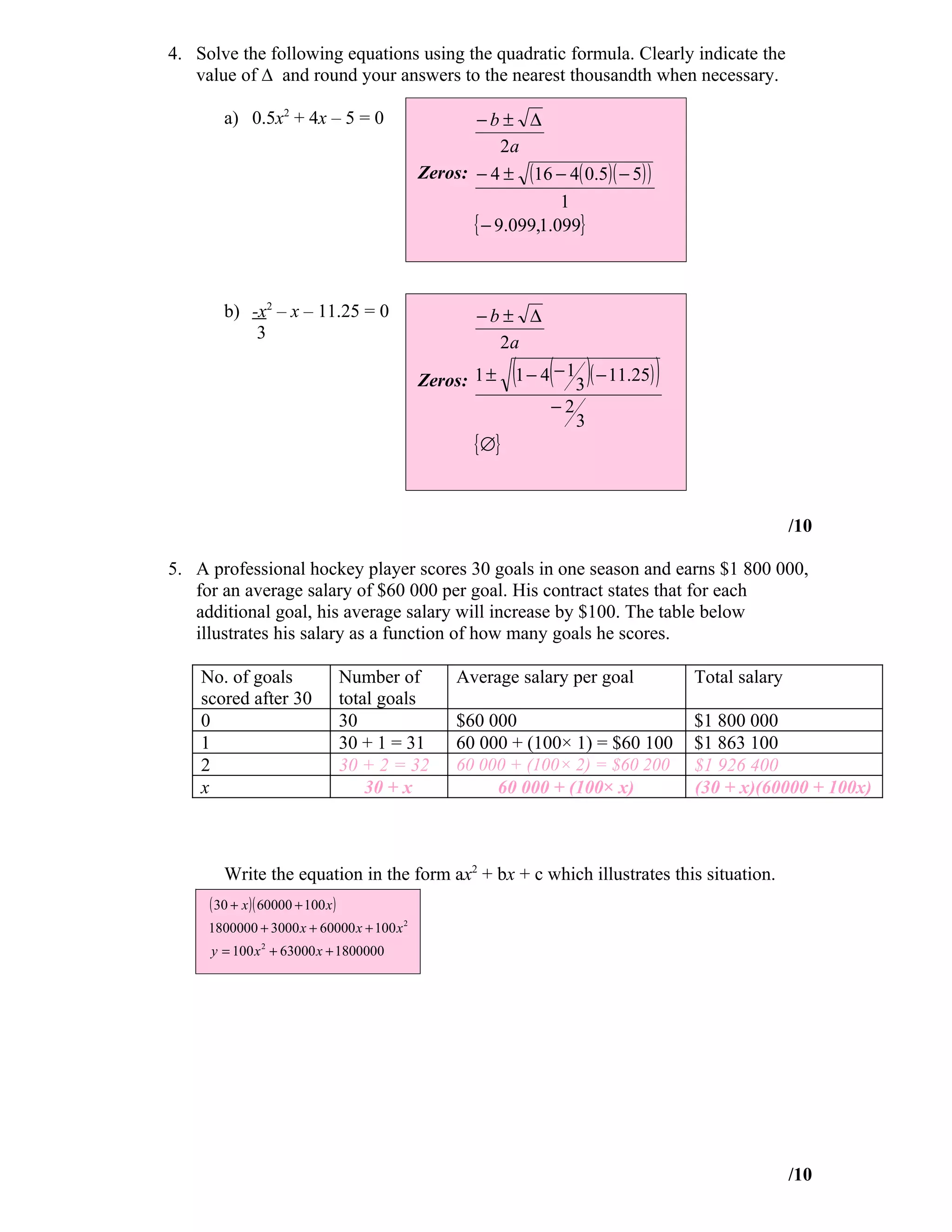 4. Solve the following equations using the quadratic formula. Clearly indicate the
   value of ∆ and round your answers to the nearest thousandth when necessary.

        a) 0.5x2 + 4x – 5 = 0                      −b± ∆
                                                        2a
                                            Zeros: − 4 ± (16 − 4( 0.5)( − 5) )
                                                                1
                                                   { − 9.099,1.099}


        b) -x2 – x – 11.25 = 0                      −b± ∆
            3
                                                      2a

                                            Zeros: 1 ±     (1 − 4(− 13 )( − 11.25) )
                                                                 −2
                                                                      3
                                                    { ∅}


                                                                                                      /10

5. A professional hockey player scores 30 goals in one season and earns $1 800 000,
   for an average salary of $60 000 per goal. His contract states that for each
   additional goal, his average salary will increase by $100. The table below
   illustrates his salary as a function of how many goals he scores.

    No. of goals                   Number of     Average salary per goal               Total salary
    scored after 30                total goals
    0                              30            $60 000                               $1 800 000
    1                              30 + 1 = 31   60 000 + (100× 1) = $60 100           $1 863 100
    2                              30 + 2 = 32   60 000 + (100× 2) = $60 200           $1 926 400
    x                                  30 + x         60 000 + (100× x)                (30 + x)(60000 + 100x)



        Write the equation in the form ax2 + bx + c which illustrates this situation.
     ( 30 + x )( 60000 + 100 x )
     1800000 + 3000 x + 60000 x + 100 x 2
     y = 100 x 2 + 63000 x + 1800000




                                                                                                      /10
 