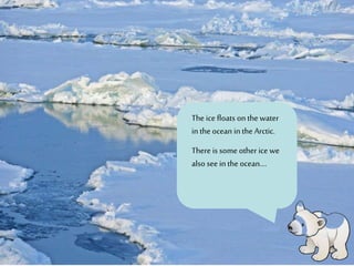 The ice floats on the water
in the ocean in the Arctic.
There is some other ice we
also see in the ocean....
 