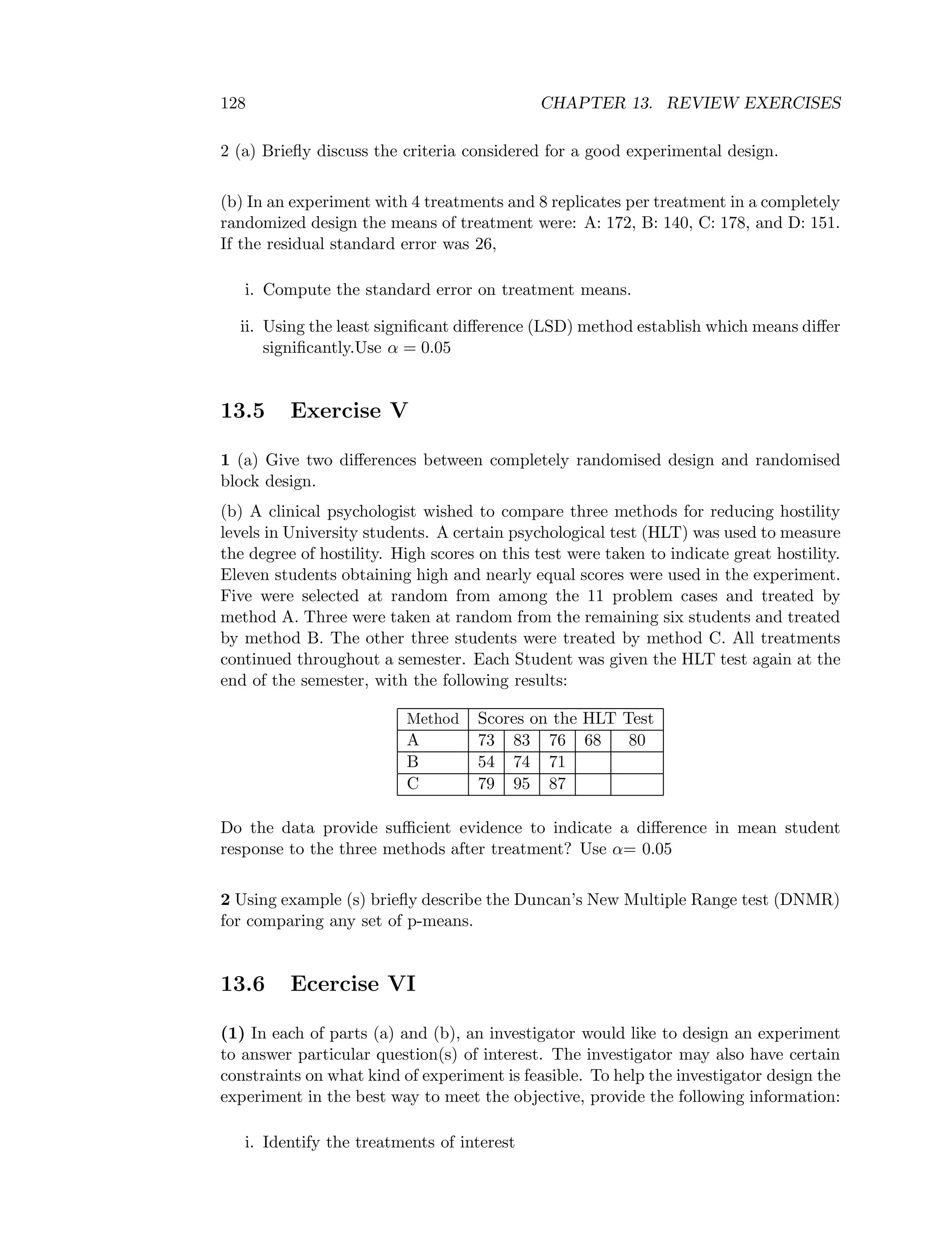 128 CHAPTER 13. REVIEW EXERCISES
2 (a) Brieﬂy discuss the criteria considered for a good experimental design.
(b) In an experiment with 4 treatments and 8 replicates per treatment in a completely
randomized design the means of treatment were: A: 172, B: 140, C: 178, and D: 151.
If the residual standard error was 26,
i. Compute the standard error on treatment means.
ii. Using the least signiﬁcant diﬀerence (LSD) method establish which means diﬀer
signiﬁcantly.Use α = 0.05
13.5 Exercise V
1 (a) Give two diﬀerences between completely randomised design and randomised
block design.
(b) A clinical psychologist wished to compare three methods for reducing hostility
levels in University students. A certain psychological test (HLT) was used to measure
the degree of hostility. High scores on this test were taken to indicate great hostility.
Eleven students obtaining high and nearly equal scores were used in the experiment.
Five were selected at random from among the 11 problem cases and treated by
method A. Three were taken at random from the remaining six students and treated
by method B. The other three students were treated by method C. All treatments
continued throughout a semester. Each Student was given the HLT test again at the
end of the semester, with the following results:
Method Scores on the HLT Test
A 73 83 76 68 80
B 54 74 71
C 79 95 87
Do the data provide suﬃcient evidence to indicate a diﬀerence in mean student
response to the three methods after treatment? Use α= 0.05
2 Using example (s) brieﬂy describe the Duncan’s New Multiple Range test (DNMR)
for comparing any set of p-means.
13.6 Ecercise VI
(1) In each of parts (a) and (b), an investigator would like to design an experiment
to answer particular question(s) of interest. The investigator may also have certain
constraints on what kind of experiment is feasible. To help the investigator design the
experiment in the best way to meet the objective, provide the following information:
i. Identify the treatments of interest
 