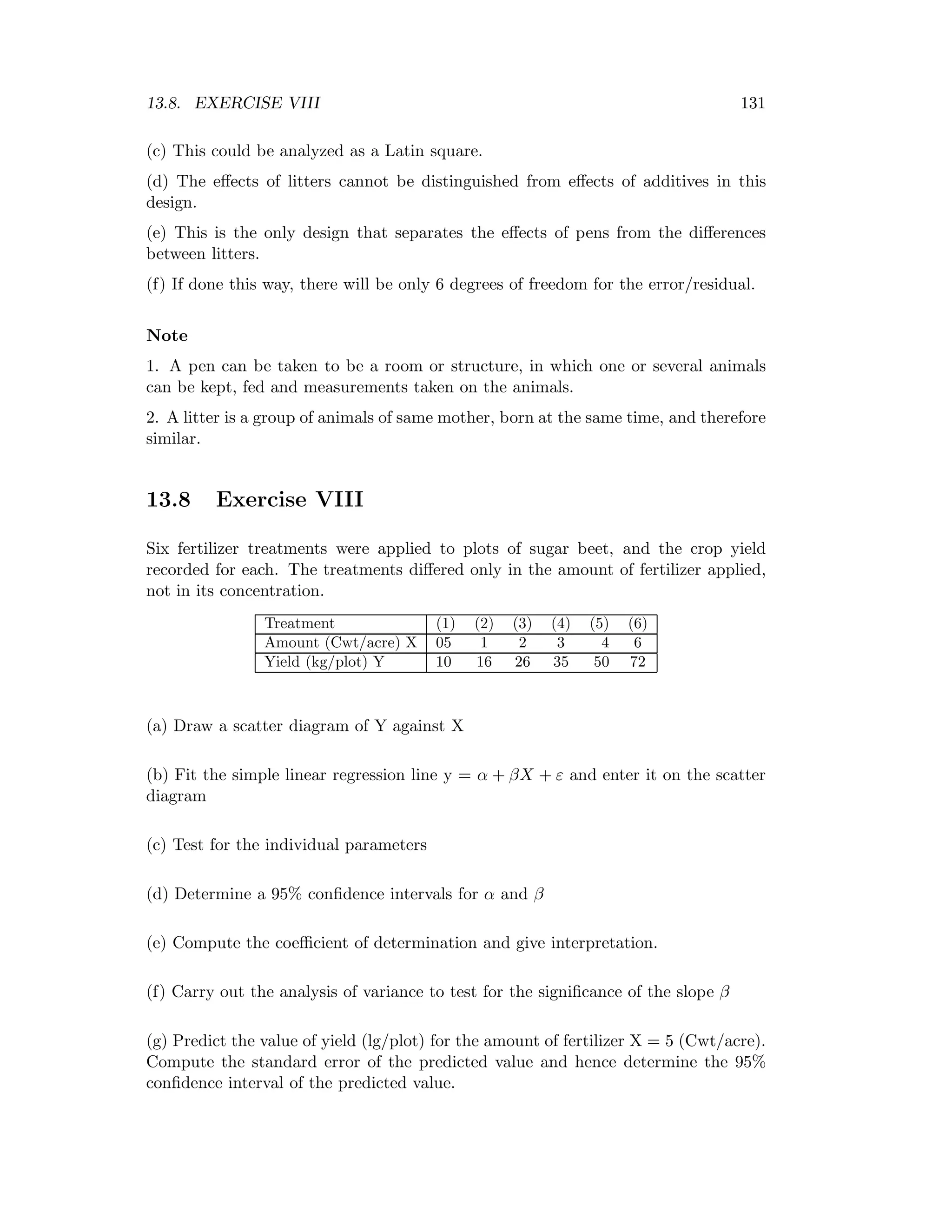 13.8. EXERCISE VIII 131
(c) This could be analyzed as a Latin square.
(d) The eﬀects of litters cannot be distinguished from eﬀects of additives in this
design.
(e) This is the only design that separates the eﬀects of pens from the diﬀerences
between litters.
(f) If done this way, there will be only 6 degrees of freedom for the error/residual.
Note
1. A pen can be taken to be a room or structure, in which one or several animals
can be kept, fed and measurements taken on the animals.
2. A litter is a group of animals of same mother, born at the same time, and therefore
similar.
13.8 Exercise VIII
Six fertilizer treatments were applied to plots of sugar beet, and the crop yield
recorded for each. The treatments diﬀered only in the amount of fertilizer applied,
not in its concentration.
Treatment (1) (2) (3) (4) (5) (6)
Amount (Cwt/acre) X 05 1 2 3 4 6
Yield (kg/plot) Y 10 16 26 35 50 72
(a) Draw a scatter diagram of Y against X
(b) Fit the simple linear regression line y = α + βX + ε and enter it on the scatter
diagram
(c) Test for the individual parameters
(d) Determine a 95% conﬁdence intervals for α and β
(e) Compute the coeﬃcient of determination and give interpretation.
(f) Carry out the analysis of variance to test for the signiﬁcance of the slope β
(g) Predict the value of yield (lg/plot) for the amount of fertilizer X = 5 (Cwt/acre).
Compute the standard error of the predicted value and hence determine the 95%
conﬁdence interval of the predicted value.
 