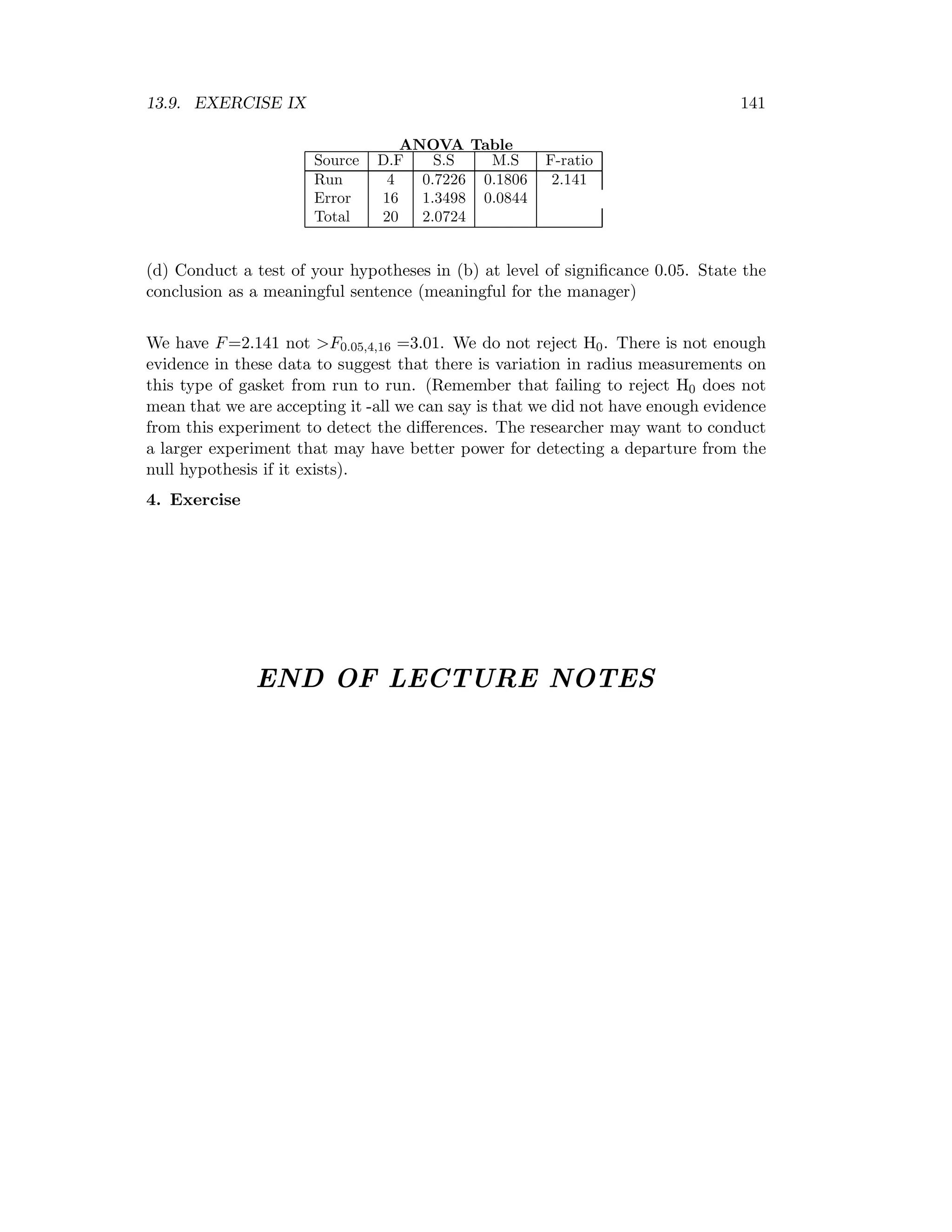 13.9. EXERCISE IX 141
ANOVA Table
Source D.F S.S M.S F-ratio
Run 4 0.7226 0.1806 2.141
Error 16 1.3498 0.0844
Total 20 2.0724
(d) Conduct a test of your hypotheses in (b) at level of signiﬁcance 0.05. State the
conclusion as a meaningful sentence (meaningful for the manager)
We have F=2.141 not >F0.05,4,16 =3.01. We do not reject H0. There is not enough
evidence in these data to suggest that there is variation in radius measurements on
this type of gasket from run to run. (Remember that failing to reject H0 does not
mean that we are accepting it -all we can say is that we did not have enough evidence
from this experiment to detect the diﬀerences. The researcher may want to conduct
a larger experiment that may have better power for detecting a departure from the
null hypothesis if it exists).
4. Exercise
END OF LECTURE NOTES
 