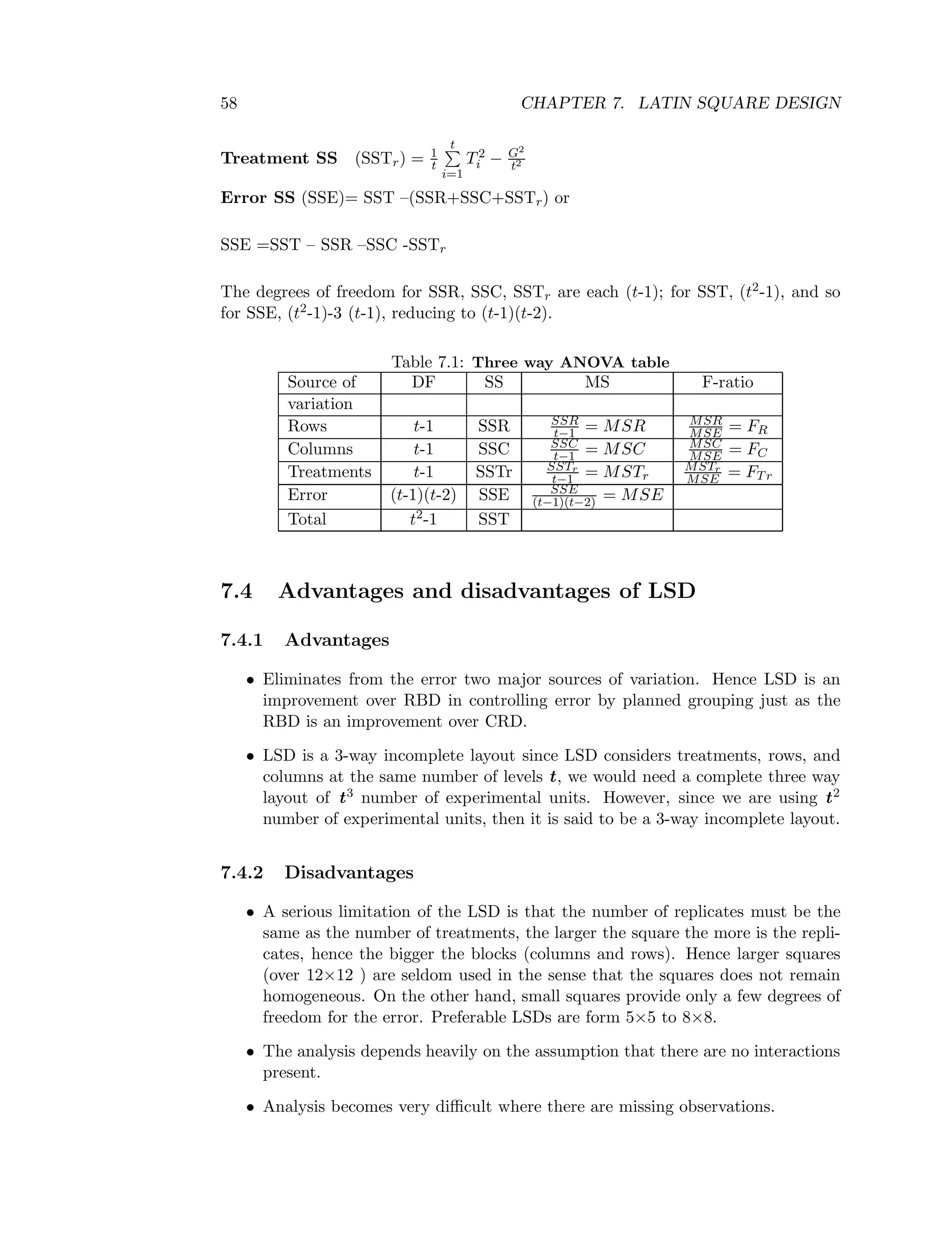 58 CHAPTER 7. LATIN SQUARE DESIGN
Treatment SS (SSTr) = 1
t
t
i=1
T2
i − G2
t2
Error SS (SSE)= SST –(SSR+SSC+SSTr) or
SSE =SST – SSR –SSC -SSTr
The degrees of freedom for SSR, SSC, SSTr are each (t-1); for SST, (t2-1), and so
for SSE, (t2-1)-3 (t-1), reducing to (t-1)(t-2).
Table 7.1: Three way ANOVA table
Source of DF SS MS F-ratio
variation
Rows t-1 SSR SSR
t−1 = MSR MSR
MSE = FR
Columns t-1 SSC SSC
t−1 = MSC MSC
MSE = FC
Treatments t-1 SSTr SSTr
t−1 = MSTr
MSTr
MSE = FTr
Error (t-1)(t-2) SSE SSE
(t−1)(t−2) = MSE
Total t2-1 SST
7.4 Advantages and disadvantages of LSD
7.4.1 Advantages
• Eliminates from the error two major sources of variation. Hence LSD is an
improvement over RBD in controlling error by planned grouping just as the
RBD is an improvement over CRD.
• LSD is a 3-way incomplete layout since LSD considers treatments, rows, and
columns at the same number of levels t, we would need a complete three way
layout of t3 number of experimental units. However, since we are using t2
number of experimental units, then it is said to be a 3-way incomplete layout.
7.4.2 Disadvantages
• A serious limitation of the LSD is that the number of replicates must be the
same as the number of treatments, the larger the square the more is the repli-
cates, hence the bigger the blocks (columns and rows). Hence larger squares
(over 12×12 ) are seldom used in the sense that the squares does not remain
homogeneous. On the other hand, small squares provide only a few degrees of
freedom for the error. Preferable LSDs are form 5×5 to 8×8.
• The analysis depends heavily on the assumption that there are no interactions
present.
• Analysis becomes very diﬃcult where there are missing observations.
 