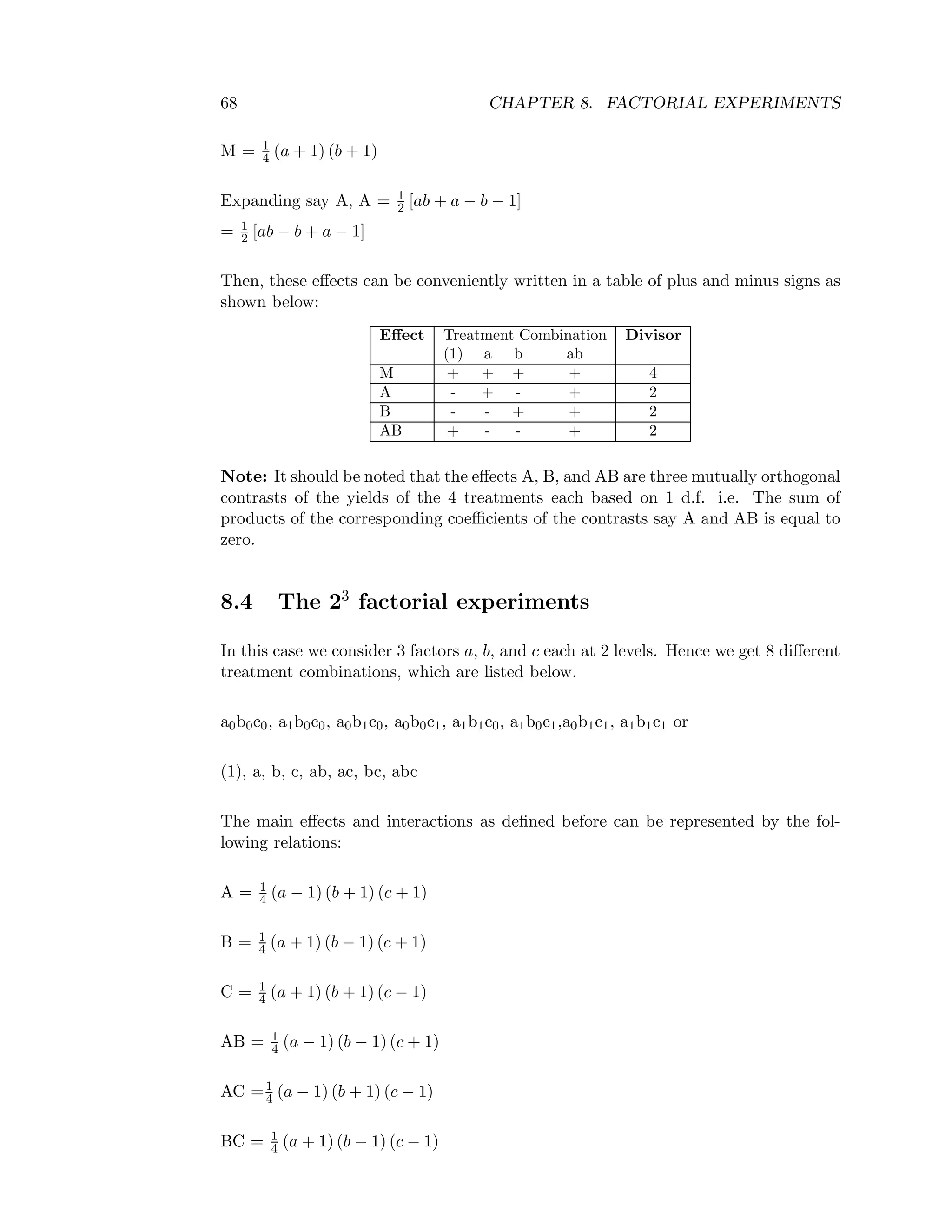 68 CHAPTER 8. FACTORIAL EXPERIMENTS
M = 1
4 (a + 1) (b + 1)
Expanding say A, A = 1
2 [ab + a − b − 1]
= 1
2 [ab − b + a − 1]
Then, these eﬀects can be conveniently written in a table of plus and minus signs as
shown below:
Eﬀect Treatment Combination Divisor
(1) a b ab
M + + + + 4
A - + - + 2
B - - + + 2
AB + - - + 2
Note: It should be noted that the eﬀects A, B, and AB are three mutually orthogonal
contrasts of the yields of the 4 treatments each based on 1 d.f. i.e. The sum of
products of the corresponding coeﬃcients of the contrasts say A and AB is equal to
zero.
8.4 The 23
factorial experiments
In this case we consider 3 factors a, b, and c each at 2 levels. Hence we get 8 diﬀerent
treatment combinations, which are listed below.
a0b0c0, a1b0c0, a0b1c0, a0b0c1, a1b1c0, a1b0c1,a0b1c1, a1b1c1 or
(1), a, b, c, ab, ac, bc, abc
The main eﬀects and interactions as deﬁned before can be represented by the fol-
lowing relations:
A = 1
4 (a − 1) (b + 1) (c + 1)
B = 1
4 (a + 1) (b − 1) (c + 1)
C = 1
4 (a + 1) (b + 1) (c − 1)
AB = 1
4 (a − 1) (b − 1) (c + 1)
AC =1
4 (a − 1) (b + 1) (c − 1)
BC = 1
4 (a + 1) (b − 1) (c − 1)
 