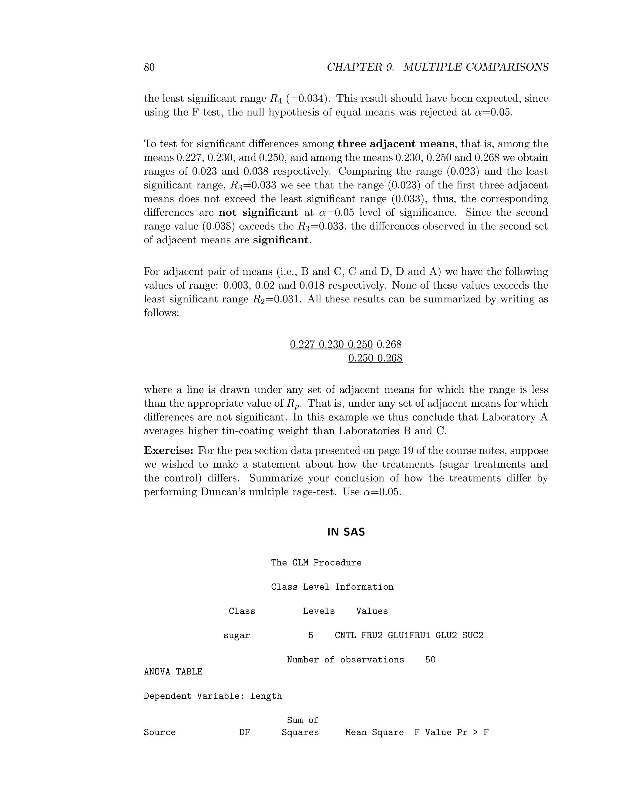 80 CHAPTER 9. MULTIPLE COMPARISONS
the least signiﬁcant range R4 (=0.034). This result should have been expected, since
using the F test, the null hypothesis of equal means was rejected at α=0.05.
To test for signiﬁcant diﬀerences among three adjacent means, that is, among the
means 0.227, 0.230, and 0.250, and among the means 0.230, 0.250 and 0.268 we obtain
ranges of 0.023 and 0.038 respectively. Comparing the range (0.023) and the least
signiﬁcant range, R3=0.033 we see that the range (0.023) of the ﬁrst three adjacent
means does not exceed the least signiﬁcant range (0.033), thus, the corresponding
diﬀerences are not signiﬁcant at α=0.05 level of signiﬁcance. Since the second
range value (0.038) exceeds the R3=0.033, the diﬀerences observed in the second set
of adjacent means are signiﬁcant.
For adjacent pair of means (i.e., B and C, C and D, D and A) we have the following
values of range: 0.003, 0.02 and 0.018 respectively. None of these values exceeds the
least signiﬁcant range R2=0.031. All these results can be summarized by writing as
follows:
0.227 0.230 0.250 0.268
0.250 0.268
where a line is drawn under any set of adjacent means for which the range is less
than the appropriate value of Rp. That is, under any set of adjacent means for which
diﬀerences are not signiﬁcant. In this example we thus conclude that Laboratory A
averages higher tin-coating weight than Laboratories B and C.
Exercise: For the pea section data presented on page 19 of the course notes, suppose
we wished to make a statement about how the treatments (sugar treatments and
the control) diﬀers. Summarize your conclusion of how the treatments diﬀer by
performing Duncan’s multiple rage-test. Use α=0.05.
IN SAS
The GLM Procedure
Class Level Information
Class Levels Values
sugar 5 CNTL FRU2 GLU1FRU1 GLU2 SUC2
Number of observations 50
ANOVA TABLE
Dependent Variable: length
Sum of
Source DF Squares Mean Square F Value Pr > F
 