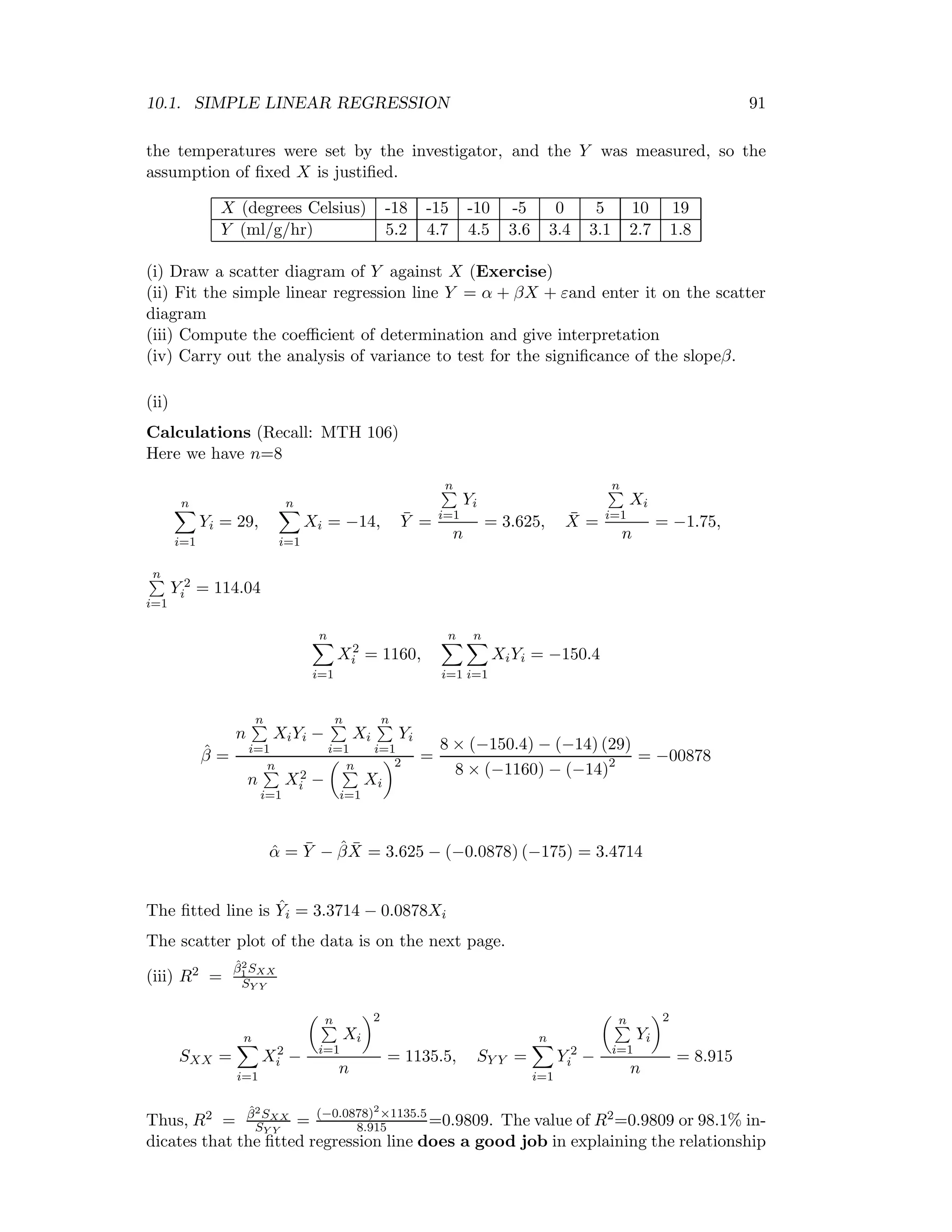10.1. SIMPLE LINEAR REGRESSION 91
the temperatures were set by the investigator, and the Y was measured, so the
assumption of ﬁxed X is justiﬁed.
X (degrees Celsius) -18 -15 -10 -5 0 5 10 19
Y (ml/g/hr) 5.2 4.7 4.5 3.6 3.4 3.1 2.7 1.8
(i) Draw a scatter diagram of Y against X (Exercise)
(ii) Fit the simple linear regression line Y = α + βX + εand enter it on the scatter
diagram
(iii) Compute the coeﬃcient of determination and give interpretation
(iv) Carry out the analysis of variance to test for the signiﬁcance of the slopeβ.
(ii)
Calculations (Recall: MTH 106)
Here we have n=8
n
i=1
Yi = 29,
n
i=1
Xi = −14, ¯Y =
n
i=1
Yi
n
= 3.625, ¯X =
n
i=1
Xi
n
= −1.75,
n
i=1
Y 2
i = 114.04
n
i=1
X2
i = 1160,
n
i=1
n
i=1
XiYi = −150.4
ˆβ =
n
n
i=1
XiYi −
n
i=1
Xi
n
i=1
Yi
n
n
i=1
X2
i −
n
i=1
Xi
2 =
8 × (−150.4) − (−14) (29)
8 × (−1160) − (−14)2 = −00878
ˆα = ¯Y − ˆβ ¯X = 3.625 − (−0.0878) (−175) = 3.4714
The ﬁtted line is ˆYi = 3.3714 − 0.0878Xi
The scatter plot of the data is on the next page.
(iii) R2 =
ˆβ2
1 SXX
SY Y
SXX =
n
i=1
X2
i −
n
i=1
Xi
2
n
= 1135.5, SY Y =
n
i=1
Y 2
i −
n
i=1
Yi
2
n
= 8.915
Thus, R2 =
ˆβ2SXX
SY Y
= (−0.0878)2
×1135.5
8.915 =0.9809. The value of R2=0.9809 or 98.1% in-
dicates that the ﬁtted regression line does a good job in explaining the relationship
 