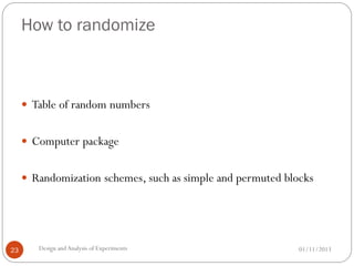 How to randomize
01/11/2013Design andAnalysis of Experiments23
 Table of random numbers
 Computer package
 Randomization schemes, such as simple and permuted blocks
 