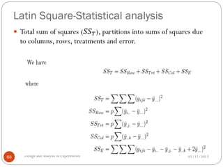 Latin Square-Statistical analysis
01/11/2013Design andAnalysis of Experiments66
 Total sum of squares (𝑆𝑆 𝑇), partitions into sums of squares due
to columns, rows, treatments and error.
 