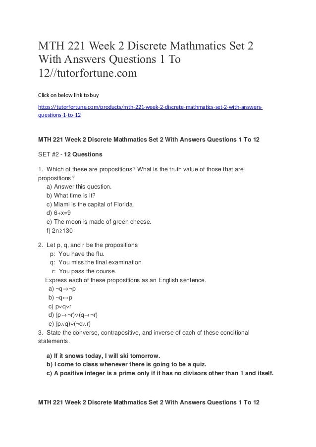 Mth 221 week 2 discrete mathmatics set 2 with answers questions 1 to 12