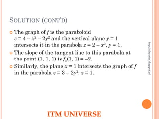 SOLUTION (CONT’D)
 The graph of f is the paraboloid
z = 4 – x2 – 2y2 and the vertical plane y = 1
intersects it in the parabola z = 2 – x2, y = 1.
 The slope of the tangent line to this parabola at
the point (1, 1, 1) is fx(1, 1) = –2.
 Similarly, the plane x = 1 intersects the graph of f
in the parabola z = 3 – 2y2, x = 1.
http://alltypeim.blogspot.in/
 