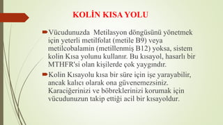 KOLİN KISA YOLU
Vücudunuzda Metilasyon döngüsünü yönetmek
için yeterli metilfolat (metile B9) veya
metilcobalamin (metillenmiş B12) yoksa, sistem
kolin Kısa yolunu kullanır. Bu kısayol, hasarlı bir
MTHFR'si olan kişilerde çok yaygındır.
Kolin Kısayolu kısa bir süre için işe yarayabilir,
ancak kalıcı olarak ona güvenemezsiniz.
Karaciğerinizi ve böbreklerinizi korumak için
vücudunuzun takip ettiği acil bir kısayoldur.
 