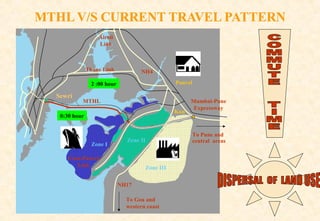 Airoli
Link

Thane Link

NH4
Panvel

2 :00 hour

Sewri

MTHL
Kon

0:30 hour

JNPT

Zone I

Mumbai-Pune
Expressway

NH4B
To Pune and
central areas

Zone II

Uran-Panvel
Link

Zone III
NH17
To Goa and
western coast

 