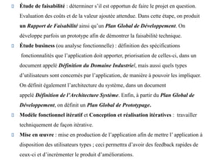 Étude de faisabilité : déterminer s’il est opportun de faire le projet en question.
Evaluation des coûts et de la valeur ajoutée attendue. Dans cette étape, on produit
un Rapport de Faisabilité ainsi qu’un Plan Global de Développement. On
développe parfois un prototype afin de démontrer la faisabilité technique.
Étude business (ou analyse fonctionnelle) : définition des spécifications
fonctionnalités que l’application doit apporter, priorisation de celles-ci, dans un
document appelé Définition du Domaine Industriel, mais aussi quels types
d’utilisateurs sont concernés par l’application, de manière à pouvoir les impliquer.
On définit également l’architecture du système, dans un document
appelé Définition de l’Architecture Système. Enfin, à partir du Plan Global de
Développement, on définit un Plan Global de Prototypage.
Modèle fonctionnel itératif et Conception et réalisation itératives : travailler
techniquement de façon itérative.
Mise en œuvre : mise en production de l’application afin de mettre l’ application à
disposition des utilisateurs types ; ceci permettra d’avoir des feedback rapides de
ceux-ci et d’incrémenter le produit d’améliorations.
 