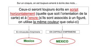 Sur un croquis, on est toujours amené à écrire des mots…
Ceux-ci seront toujours écrits en script
horizontalement (quelle que soit l’orientation de la
carte) et à l’encre (s’ils sont associés à un figuré,
on utilise la même couleur que celui-ci)
En minuscules d’imprimerie
Mexico
EN CAPITALE D’IMPRIMERIE
MEXICO
 