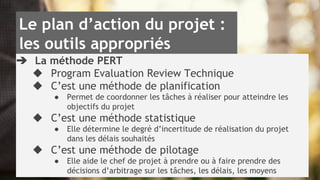 Le plan d’action du projet : 
les outils appropriés 
➔ La méthode PERT 
◆ Program Evaluation Review Technique 
◆ C’est une méthode de planification 
● Permet de coordonner les tâches à réaliser pour atteindre les 
objectifs du projet 
◆ C’est une méthode statistique 
● Elle détermine le degré d’incertitude de réalisation du projet 
dans les délais souhaités 
◆ C’est une méthode de pilotage 
● Elle aide le chef de projet à prendre ou à faire prendre des 
décisions d’arbitrage sur les tâches, les délais, les moyens 
 