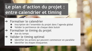 Le plan d’action du projet : 
entre calendrier et timing 
➔ Formaliser le calendrier 
◆ Inscription de l’ensemble du projet dans l’agenda global 
◆ Valider la pertinence de chaque date butoir 
➔ Formaliser le timing du projet 
◆ Axe du temps 
➔ Valider le timing optimal 
◆ Identifier les actions qui peuvent commencer en parallèle 
◆ Identifier les étapes bloquantes 
 