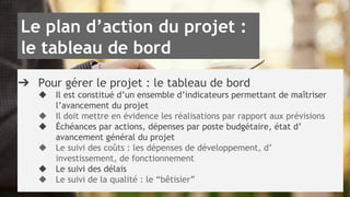 Le plan d’action du projet : 
le tableau de bord 
➔ Pour gérer le projet : le tableau de bord 
◆ Il est constitué d’un ensemble d’indicateurs permettant de maîtriser 
l’avancement du projet 
◆ Il doit mettre en évidence les réalisations par rapport aux prévisions 
◆ Échéances par actions, dépenses par poste budgétaire, état d’ 
avancement général du projet 
◆ Le suivi des coûts : les dépenses de développement, d’ 
investissement, de fonctionnement 
◆ Le suivi des délais 
◆ Le suivi de la qualité : le “bêtisier” 
 