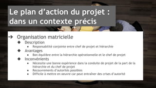 Le plan d’action du projet : 
dans un contexte précis 
➔ Organisation matricielle 
◆ Description 
● Responsabilité conjointe entre chef de projet et hiérarchie 
◆ Avantages 
● Bon équilibre entre la hiérarchie opérationnelle et le chef de projet 
◆ Inconvénients 
● Nécessite une bonne expérience dans la conduite de projet de la part de la 
hiérarchie et du chef de projet 
● Recouvrements d’autorités possibles 
● Difficile à mettre en oeuvre car peut entraîner des crises d’autorité 
 