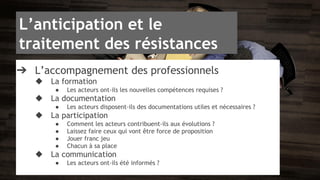 L’anticipation et le 
traitement des résistances 
➔ L’accompagnement des professionnels 
◆ La formation 
● Les acteurs ont-ils les nouvelles compétences requises ? 
◆ La documentation 
● Les acteurs disposent-ils des documentations utiles et nécessaires ? 
◆ La participation 
● Comment les acteurs contribuent-ils aux évolutions ? 
● Laissez faire ceux qui vont être force de proposition 
● Jouer franc jeu 
● Chacun à sa place 
◆ La communication 
● Les acteurs ont-ils été informés ? 
 
