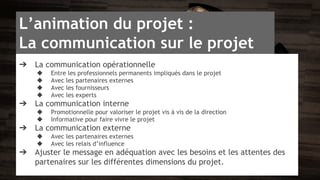 L’animation du projet : 
La communication sur le projet 
➔ La communication opérationnelle 
◆ Entre les professionnels permanents impliqués dans le projet 
◆ Avec les partenaires externes 
◆ Avec les fournisseurs 
◆ Avec les experts 
➔ La communication interne 
◆ Promotionnelle pour valoriser le projet vis à vis de la direction 
◆ Informative pour faire vivre le projet 
➔ La communication externe 
◆ Avec les partenaires externes 
◆ Avec les relais d’influence 
➔ Ajuster le message en adéquation avec les besoins et les attentes des 
partenaires sur les différentes dimensions du projet. 
 