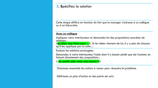 3. Spécifiez la solution
Cette étape diffère en fonction du fait que le manager s’adresse à un collègue
ou à sa hiérarchie.
Avec un collègue
Impliquez votre interlocuteur et demandez-lui des propositions concrètes de
solutions :
«qu’allez vous faire pour… ». Si les idées viennent de lui, il y a plus de chances
qu’il les applique par la suite…
Evaluez les solutions envisagées.
Demandez à votre interlocuteur l’aide dont il a besoin plutôt que de l’assister en
faisant directement des propositions :
« de quelle aide avez-vous besoin ? »
Choisissez ensemble les actions à mener pour résoudre le problème.
Définissez un plan d’action et des points de suivi.
 
