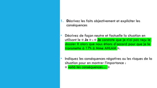 1. Décrivez les faits objectivement et expliciter les
conséquences
• Décrivez de façon neutre et factuelle la situation en
utilisant le « Je » : « Je constate que je n’ai pas reçu le
dossier X alors que nous étions d’accord pour que je le
transmette à 17h à Mme AHLAM ».
• Indiquez les conséquences négatives ou les risques de la
situation pour en montrer l’importance :
« voilà les conséquences… »
 