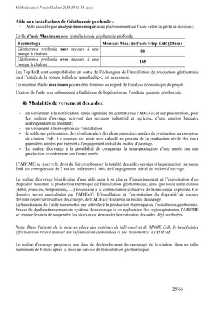 Méthode calcul Fonds Chaleur 2013 13-03-13 .docx


Aide aux installations de Géothermie profonde :
  -    Aide calculée par analyse économique avec plafonnement de l’aide selon la grille ci-dessous :

Grille d’aide Maximum pour installation de géothermie profonde
 Technologie                            Montant Maxi de l’aide €/tep EnR (20ans)
 Géothermie profonde sans recours à une
                                                           80
 pompe à chaleur
 Géothermie profonde avec recours à une
                                                          165
 pompe à chaleur
Les Tep EnR sont comptabilisées en sortie de l’échangeur de l’installation de production géothermale
ou à l’entrée de la pompe à chaleur quand celle-ci est nécessaire.
Ce montant d'aide maximum pourra être diminué au regard de l'analyse économique du projet.
L'octroi de l'aide sera subordonné à l'adhésion de l'opération au Fonds de garantie géothermie.

      4) Modalités de versement des aides:
  -    un versement à la notification, après signature du contrat avec l'ADEME et sur présentation, pour
       les maîtres d'ouvrage relevant des secteurs industriel et agricole, d’une caution bancaire
       correspondant au montant;
  -    un versement à la réception de l'installation
  -    le solde sur présentation des résultats réels des deux premières années de production au compteur
       de chaleur EnR. Le montant du solde sera calculé au prorata de la production réelle des deux
       premières années par rapport à l'engagement initial du maître d'ouvrage.
  -    Le maître d'ouvrage a la possibilité de compenser la sous-production d'une année par une
       production excédentaire sur l'autre année.

L’ADEME se réserve le droit de faire rembourser la totalité des aides versées si la production moyenne
EnR sur cette période de 2 ans est inférieure à 50% de l’engagement initial du maître d'ouvrage.

Le maître d'ouvrage bénéficiaire d'une aide aura à sa charge l’investissement et l’exploitation d’un
dispositif mesurant la production thermique de l'installation géothermique, ainsi que toute autre donnée
(débit, pression, température, ....) nécessaire à la connaissance collective de la ressource exploitée. Ces
données seront centralisées par l'ADEME. L’installation et l’exploitation du dispositif de mesure
devront respecter le cahier des charges de l’ADEME transmis au maître d'ouvrage.
Le bénéficiaire de l’aide transmettra par télérelevé la production thermique de l'installation géothermie.
En cas de dysfonctionnement du système de comptage et en application des règles générales, l'ADEME
se réserve le droit de suspendre les aides et de demander la restitution des aides déjà attribuées.

Nota: Dans l'attente de la mise en place des systèmes de télérelevé et de SINOE EnR, le bénéficiaire
effectuera un relevé manuel des informations demandées et les transmettra à l'ADEME

Le maître d'ouvrage proposera une date de déclenchement du comptage de la chaleur dans un délai
maximum de 6 mois après la mise en service de l'installation géothermique.




                                                                                           25/66
 