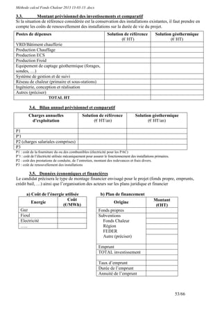 Méthode calcul Fonds Chaleur 2013 13-03-13 .docx

3.3.         Montant prévisionnel des investissements et comparatif
Si la situation de référence considérée est la conservation des installations existantes, il faut prendre en
compte les coûts de renouvellement des installations sur la durée de vie du projet.
Postes de dépenses                                               Solution de référence              Solution géothermique
                                                                        (€ HT)                              (€ HT)
VRD/Bâtiment chaufferie
Production Chauffage
Production ECS
Production Froid
Equipement de captage géothermique (forages,
sondes, …)
Système de gestion et de suivi
Réseau de chaleur (primaire et sous-stations)
Ingénierie, conception et réalisation
Autres (préciser)
                       TOTAL HT

         3.4. Bilan annuel prévisionnel et comparatif
         Charges annuelles                     Solution de référence                 Solution géothermique
          d’exploitation                             (€ HT/an)                              (€ HT/an)

P1
P'1
P2 (charges salariales comprises)
P3
P1 : coût de la fourniture du ou des combustibles (électricité pour les PAC)
P’1 : coût de l’électricité utilisée mécaniquement pour assurer le fonctionnement des installations primaires.
P2 : coût des prestations de conduite, de l’entretien, montant des redevances et frais divers.
P3 : coût de renouvellement des installations

        3.5. Données économiques et financières
Le candidat précisera le type de montage financier envisagé pour le projet (fonds propre, emprunts,
crédit bail, …) ainsi que l’organisation des acteurs sur les plans juridique et financier

      a) Coût de l’énergie utilisée                         b) Plan de financement
                            Coût                                                                  Montant
         Energie                                                      Origine
                          (€/MWh)                                                                  (€HT)
   Gaz                                                     Fonds propres
   Fioul                                                   Subventions
   Electricité                                               Fonds Chaleur
   …..                                                       Région
                                                             FEDER
                                                             Autre (préciser)

                                                           Emprunt
                                                           TOTAL investissement

                                                           Taux d’emprunt
                                                           Durée de l’emprunt
                                                           Annuité de l’emprunt



                                                                                                                 53/66
 