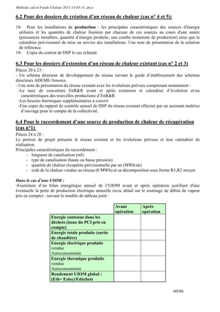 Méthode calcul Fonds Chaleur 2013 13-03-13 .docx

6.2 Pour des dossiers de création d’un réseau de chaleur (cas n° 4 et 5):
18- Pour les installations de production : les principales caractéristiques des sources d'énergie
 utilisées et les quantités de chaleur fournies par chacune de ces sources au cours d'une année
 (puissances installées, quantité d’énergie produite, une courbe monotone de production) ainsi que le
 calendrier prévisionnel de mise en service des installations. Une note de présentation de la solution
 de référence.
19- Copie du contrat de DSP le cas échéant.

6.3 Pour les dossiers d'extension d’un réseau de chaleur existant (cas n° 2 et 3)
Pièces 20 à 23 :
- Un schéma directeur de développement du réseau suivant le guide d’établissement des schémas
directeurs ADEME/Amorce.
- Une note de présentation du réseau existant avec les évolutions prévues comprenant notamment :
  -Le taux de couverture EnR&R avant et après extension et calendrier d’évolution et/ou
   caractéristiques des nouvelles productions d’EnR&R
  -Les besoins thermiques supplémentaires à couvrir
  -Une copie du rapport de contrôle annuel de DSP du réseau existant effectué par un assistant maîtrise
   d’ouvrage pour le compte de la collectivité.

6.4 Pour le raccordement d’une source de production de chaleur de récupération
(cas n°1)
Pièces 24 à 28 :
Le porteur de projet présente le réseau existant et les évolutions prévues et leur calendrier de
réalisation.
Principales caractéristiques du raccordement :
      - longueur de canalisation (ml)
      - type de canalisation (haute ou basse pression)
      - quantité de chaleur récupérée prévisionnelle par an (MWh/an)
      - coût de la chaleur vendue au réseau (€/MWh) et sa décomposition sous forme R1,R2 moyen

Dans le cas d’une UIOM :
-Fourniture d’un bilan énergétique annuel de l’UIOM avant et après opération justifiant d'une
éventuelle la perte de production électrique annuelle (avec détail sur le soutirage de débits de vapeur
pris en compte) : suivant le modèle de tableau joint :

                                                       Avant          Après
                                                       opération      opération
                     Energie contenue dans les
                     déchets (issue du PCI pris en
                     compte)
                     Energie totale produite (sortie
                     de chaudière)
                     Energie électrique produite
                     vendue
                     Autoconsommée
                     Energie thermique produite
                     vendue
                     Autoconsommée
                     Rendement UIOM global :
                     (Eth+ Eelec)/Edéchets

                                                                                        60/66
 