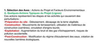1. Sélection des Axes : Actions du Projet et Facteurs Environnementaux
A. Quelques Actions Typiques du Projet (Lignes)
Ces actions représentent les étapes et les activités qui causeront des
perturbations :
•Préparation du site : Déboisement, décapage de la terre végétale.
•Construction : Mouvements de terrassement, utilisation de matériaux de
construction (carrières), circulation d'engins lourds.
•Exploitation : Augmentation du bruit et des gaz d'échappement, risques de
pollution accidentelle.
•Post-Construction : Modification du régime d'écoulement des eaux, création de
nouvelles barrières écologiques.
 