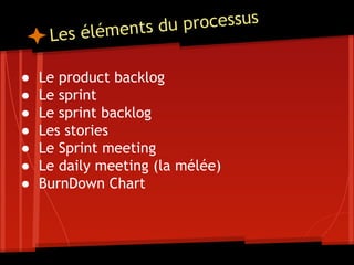 Les éléments du processus
● Le product backlog
● Le sprint
● Le sprint backlog
● Les stories
● Le Sprint meeting
● Le daily meeting (la mélée)
● BurnDown Chart
 