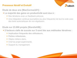 Processus Itératif et Evolutif

Etude de deux ans [MacCormack01] :
!La majorité des gains en productivité sont dus à :
   ! Des itérations avec un feedback précoce,
   ! Une intégration continue journalière (ou plus fréquente) de tout le code avec
     des tests automatiques de non-régression.


Etude sur 23.000 projets [Standish98] :
!2 facteurs clefs de succès sur 5 sont liés aux méthodes itératives :
   ! Implication fréquente des utilisateurs,
   ! Petites milestones,
   ! Objets métiers clairs,
   ! Chef de projet expérimenté,
   ! Support du management.
 