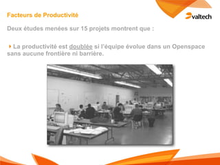 Facteurs de Productivité

Deux études menées sur 15 projets montrent que :

!La productivité est doublée si l’équipe évolue dans un Openspace
sans aucune frontière ni barrière.
 
