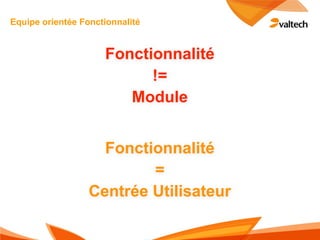Equipe orientée Fonctionnalité


                     Fonctionnalité
                           !=
                        Module


                    Fonctionnalité
                          =
                  Centrée Utilisateur
 