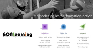 Méthodes agiles en formation-action
Principes
L’objectif guide l’action
L’action s’appuie
sur une méthode
La méthode organise
le faire ensemble
Objectifs
Apprendre en faisant
Faire aboutir
un projet e-learning
Devenir autonome
pour d’autres projets
Moyens
Accompagnement
en présentiel
et à distance
Outils collaboratifs
Démarche projet
 